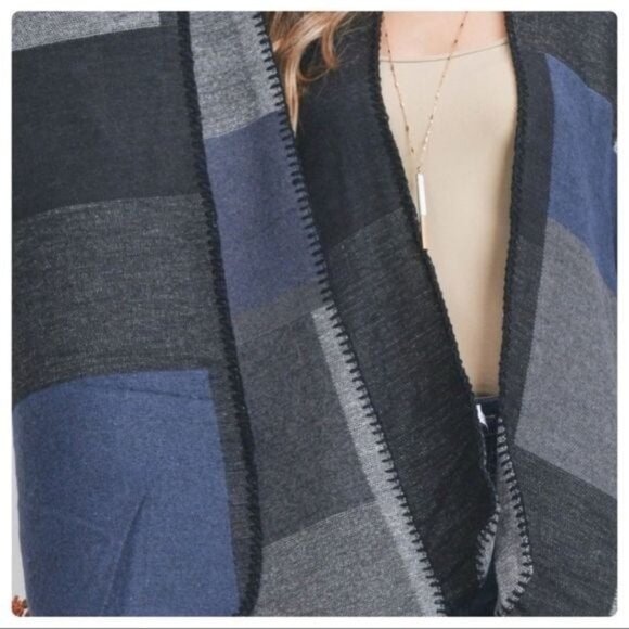 Plaid Open Front Poncho Wrap Cardigan For Women Black/Grey/Blue Colorblock Soft - Picture 4 of 6